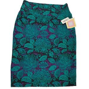 LuLaRoe Cassie Pencil Skirt Purple Teal‎ Floral Textured Knit Size L